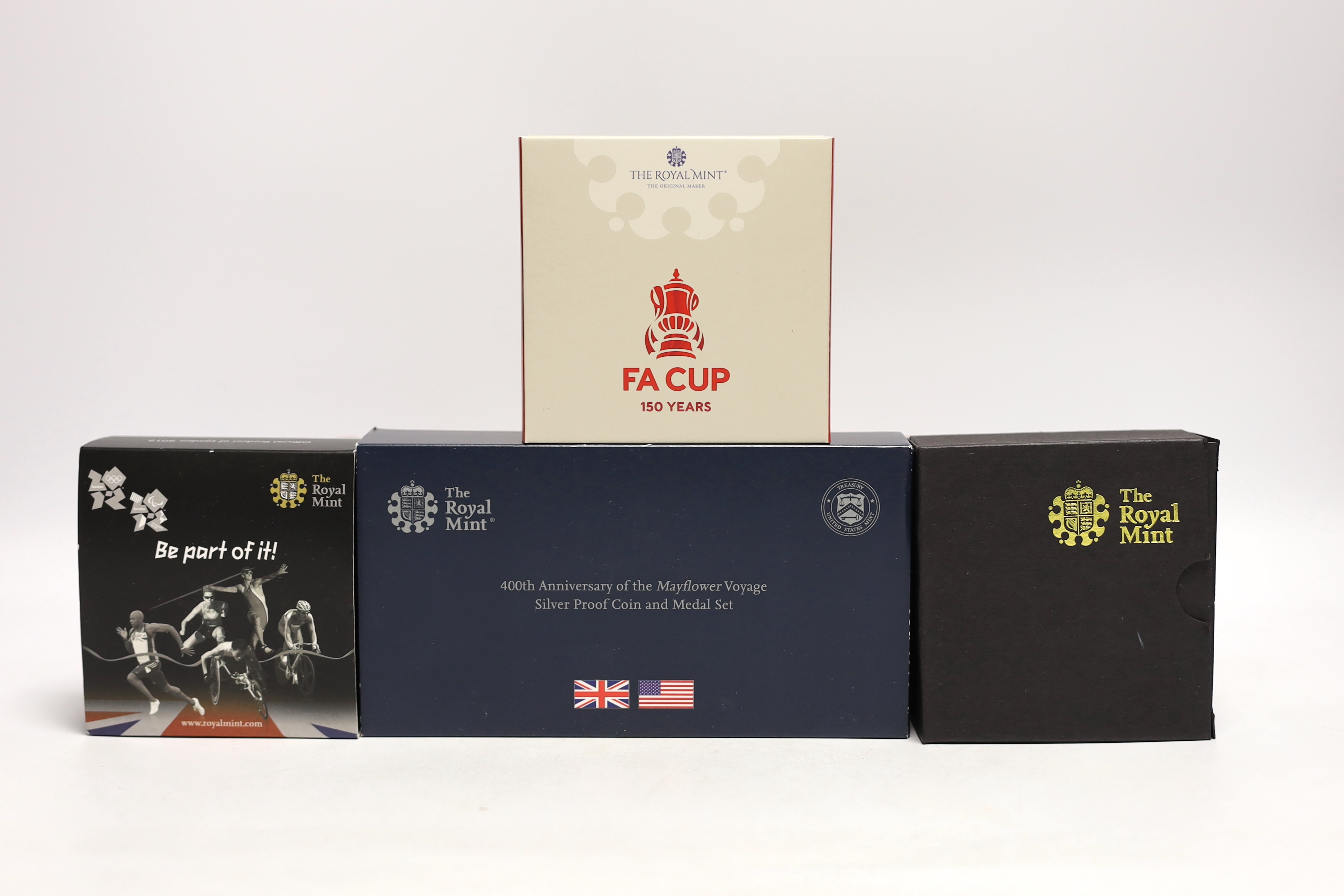 Royal Mint UK QEII silver proof coins - 2020 400th Anniversary of the Mayflower Voyage coin and medal set, three 2022 The Queen’s Reign £5, 2022 50 Years of Pride piedfort colour 50p, 2022 The 150th Anniversary of the FA